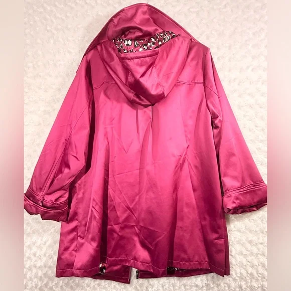 Dennis Basso Womens Full Zip‎ Fuchsia Satin Finish Hooded Size 1X Trench Coat - Picture 2 of 12